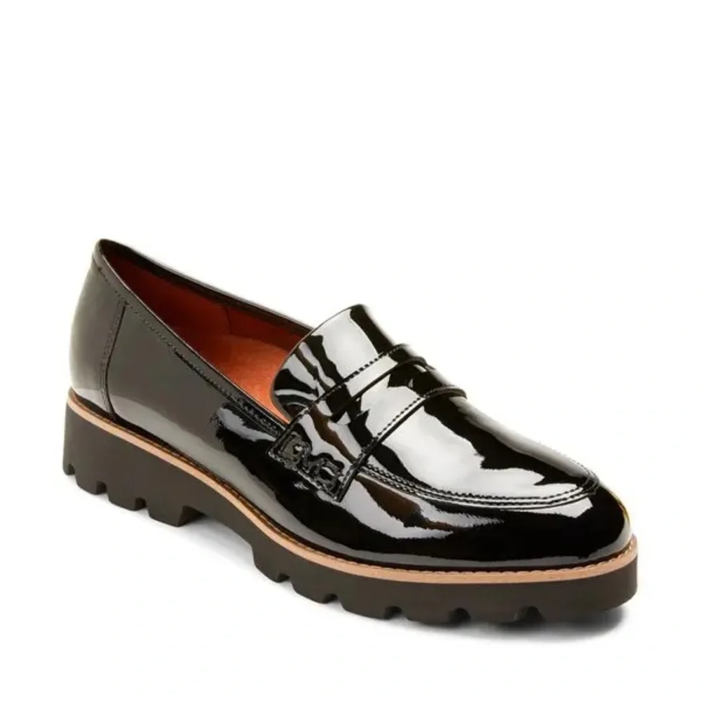 Vionic | Women’s Black Patent Cheryl Lug Sole Platform Penny Loafers, Size 6.5